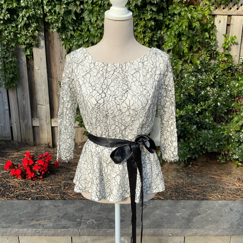 Eliza J lace peplum top with black sash